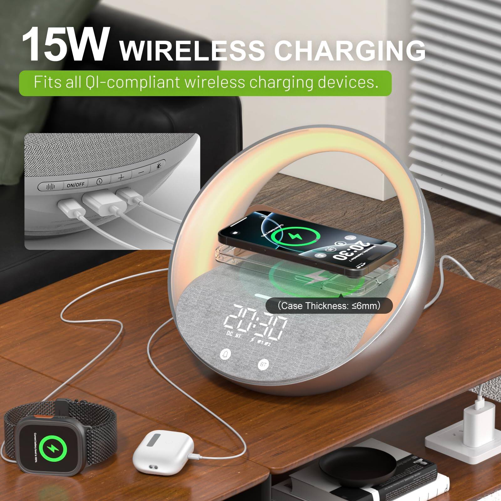 15W WIRELESS CHARGING  
Fits all QI-compliant wireless charging devices.  

ON/OFF + : F h C 20:30 N (Case Thickness: <6mm)  
20:30 DC_8T ST 1192 F 0 BT
