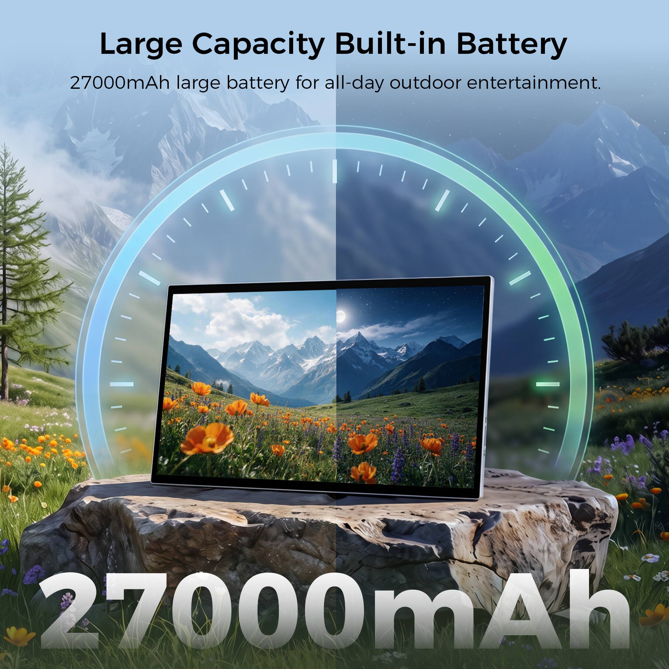 Large Capacity Built-in Battery  
27000mAh large battery for all-day outdoor entertainment.  
27000mAh