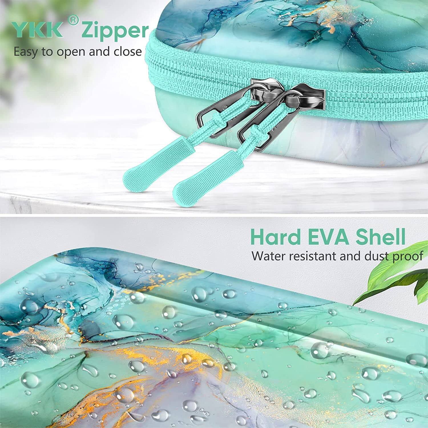 YKK® Zipper  
Easy to open and close  

Hard EVA Shell  
Water resistant and dust proof