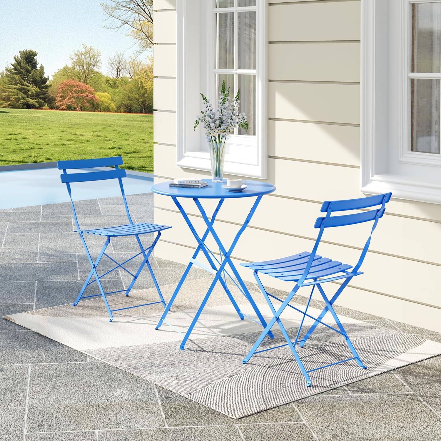 Alt View 1. Homhougo - 3-Piece Bistro Set for 2, Folding Table & Chairs, Indoor/Outdoor, Blue - Blue.