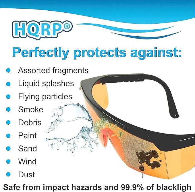 HQRP®

Perfectly protects against:
- Assorted fragments
- Liquid splashes
- Flying particles
- Smoke
- Debris
- Paint
- Sand
- Wind
- Dust

Safe from impact hazards and 99.9% of blacklight