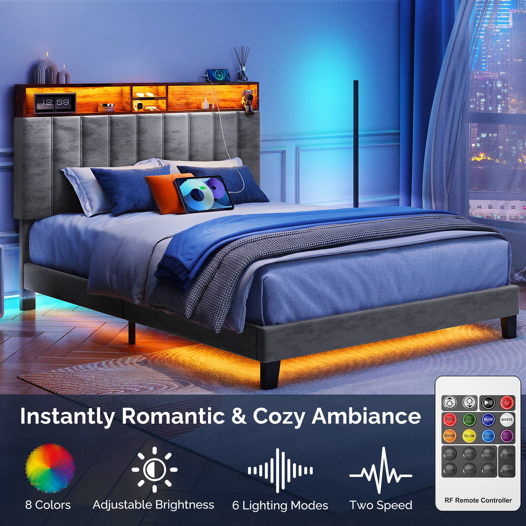12 S8 Instantly Romantic & Cozy Ambiance PL ona n -um LTM mE - ad kod - No 8 Colors Adjustable Brightness 6 Lighting Modes Two Speed RF Remote Controller