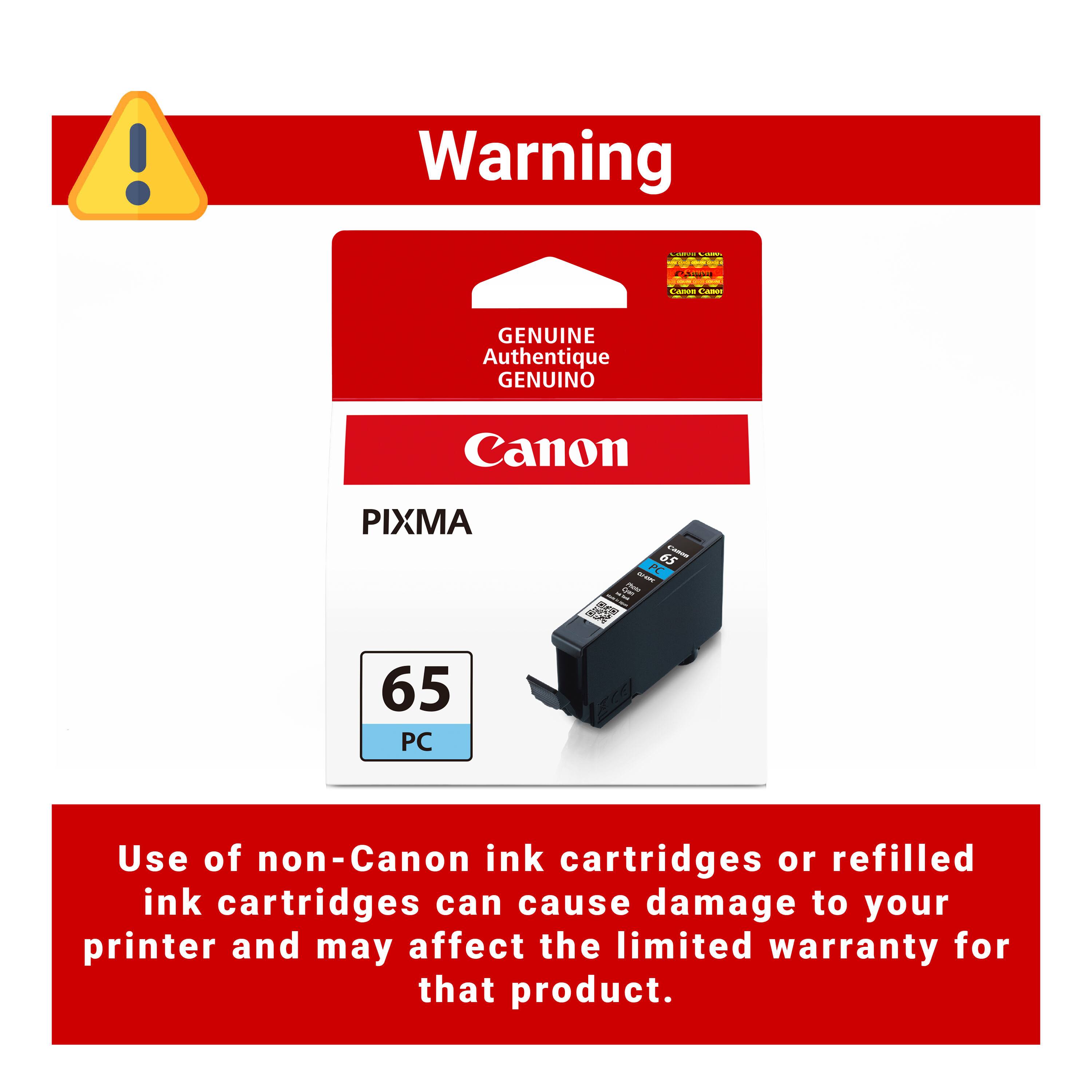 Warning

CARVE Calling

CADOS CADOS

GENUINE Authentique GENUINO

Canon

PIXMA

65 PASSING - PC anym ex

65 PC

Use of non-Canon ink cartridges or refilled ink cartridges can cause damage to your printer and may affect the limited warranty for that product.
