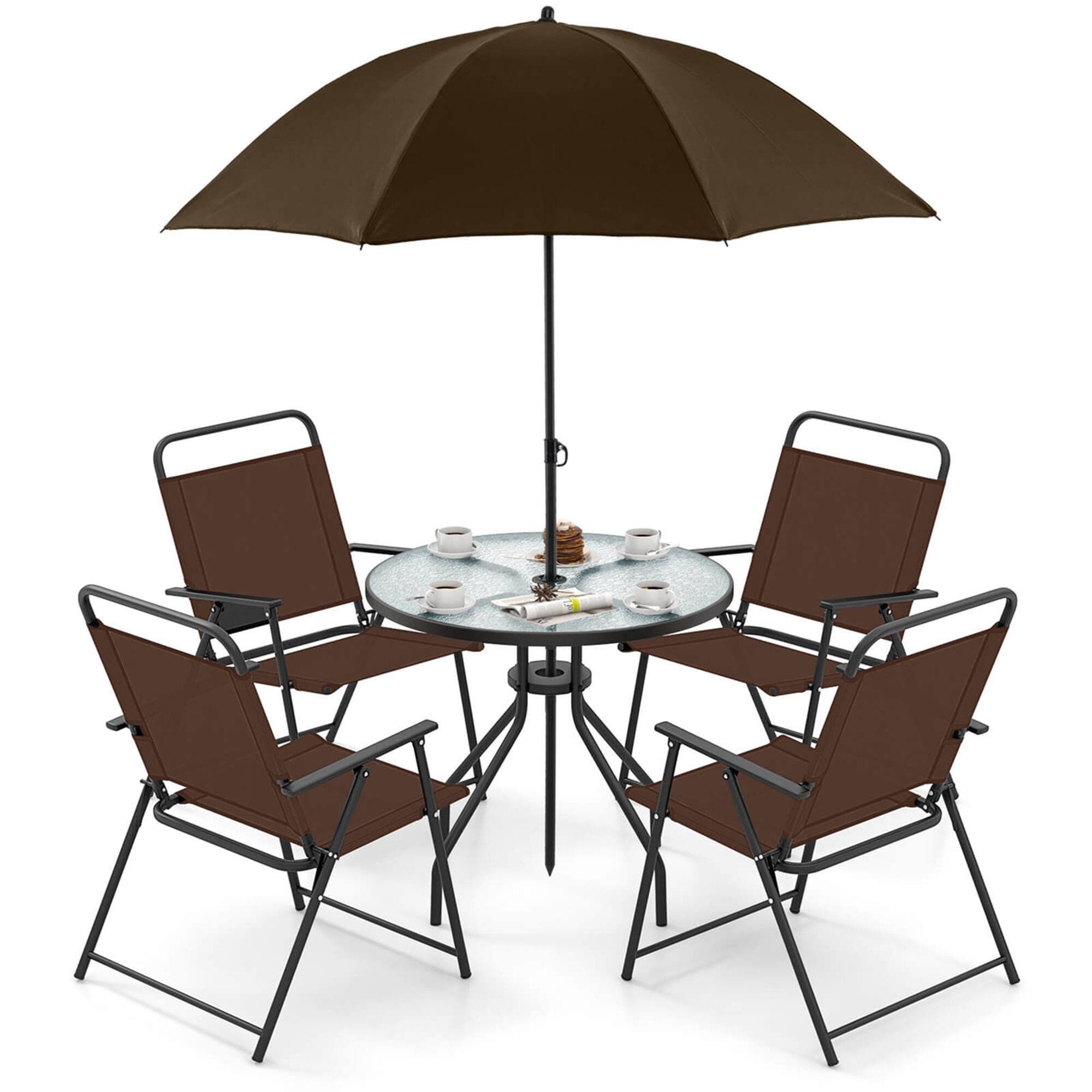 Alt View 4. Gymax - Gymax 6 PCS Patio Dining Set w/ Umbrella 4 Folding Patio Chairs w/ Round Tempered Glass Table - Black, Brown.