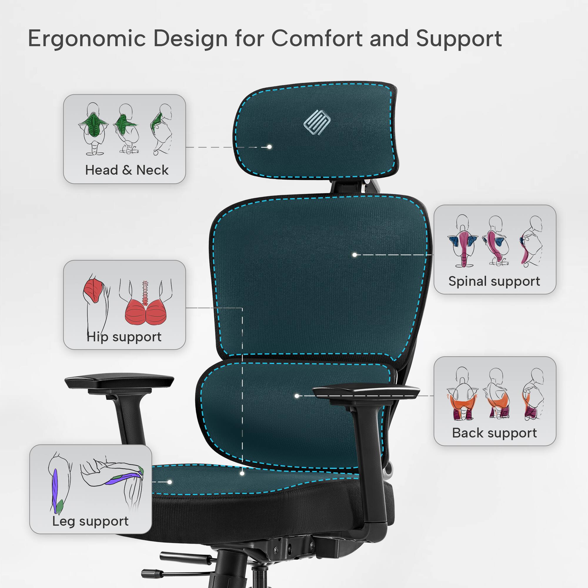 Ergonomic Design for Comfort and Support

- Head & Neck
- Spinal support
- Hip support
- Back support
- Leg support