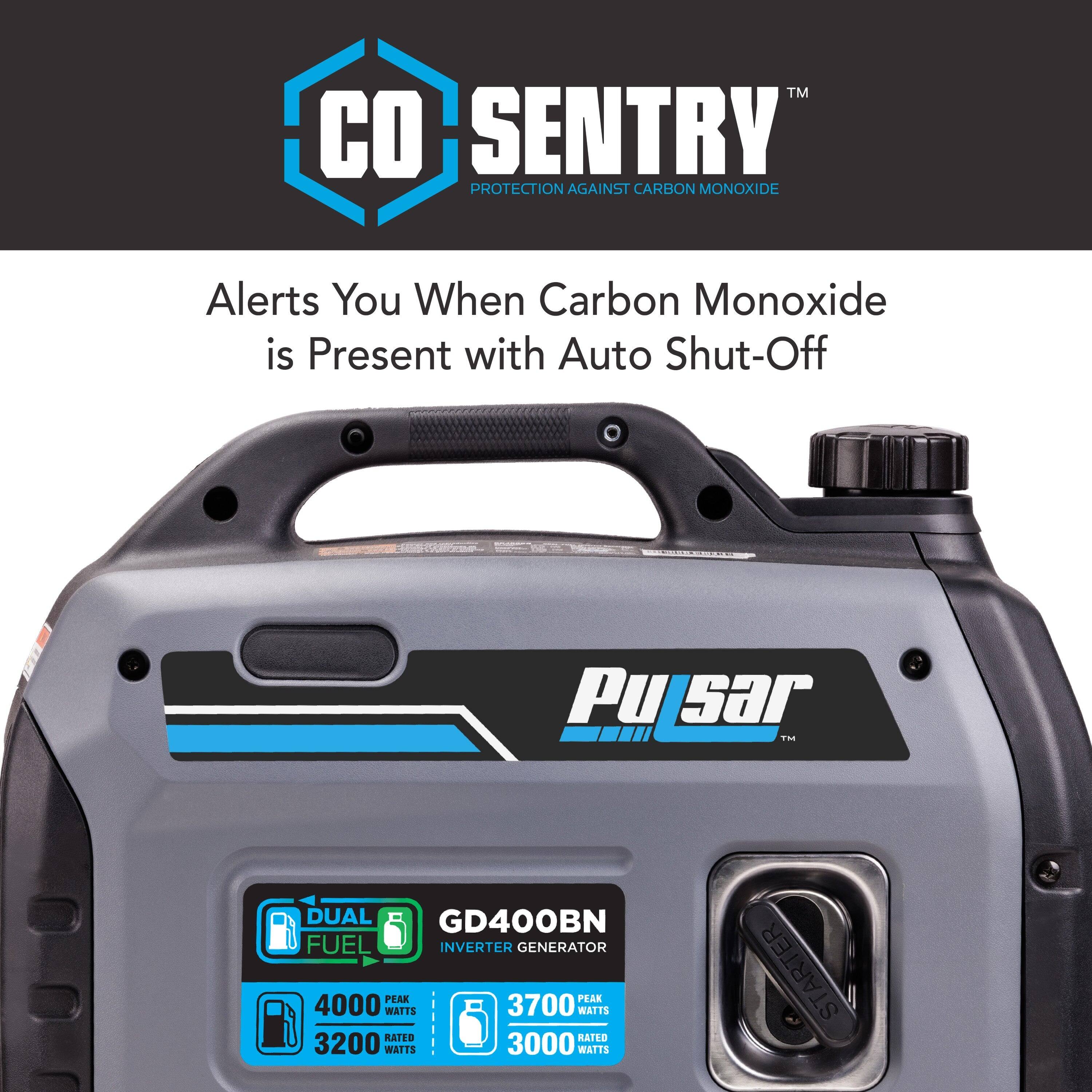 TM CO SENTRY PROTECTION AGAINST CARBON MONOXIDE  
Alerts You When Carbon Monoxide is Present with Auto Shut-Off  

Pusar 1- DUAL GD400BN FUEL INVERTER GENERATOR  
PEAK 4000 WATTS  
RATED 3700 WATTS  
RATED 3200 WATTS  
STARTER
