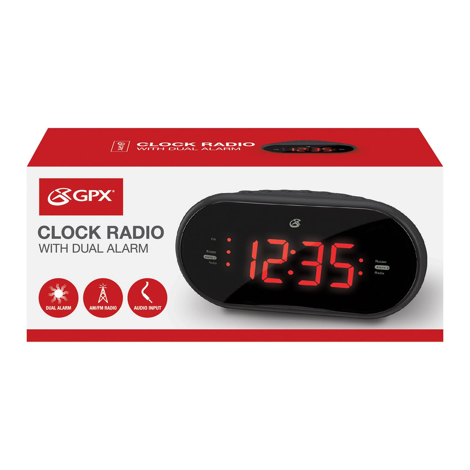 CLOCK RADIO WITH DUAL ALARM  
GPX CLOCK RADIO WITH DUAL ALARM  
DIAL ALARM AM/FM RADIO AUDIO INPUT