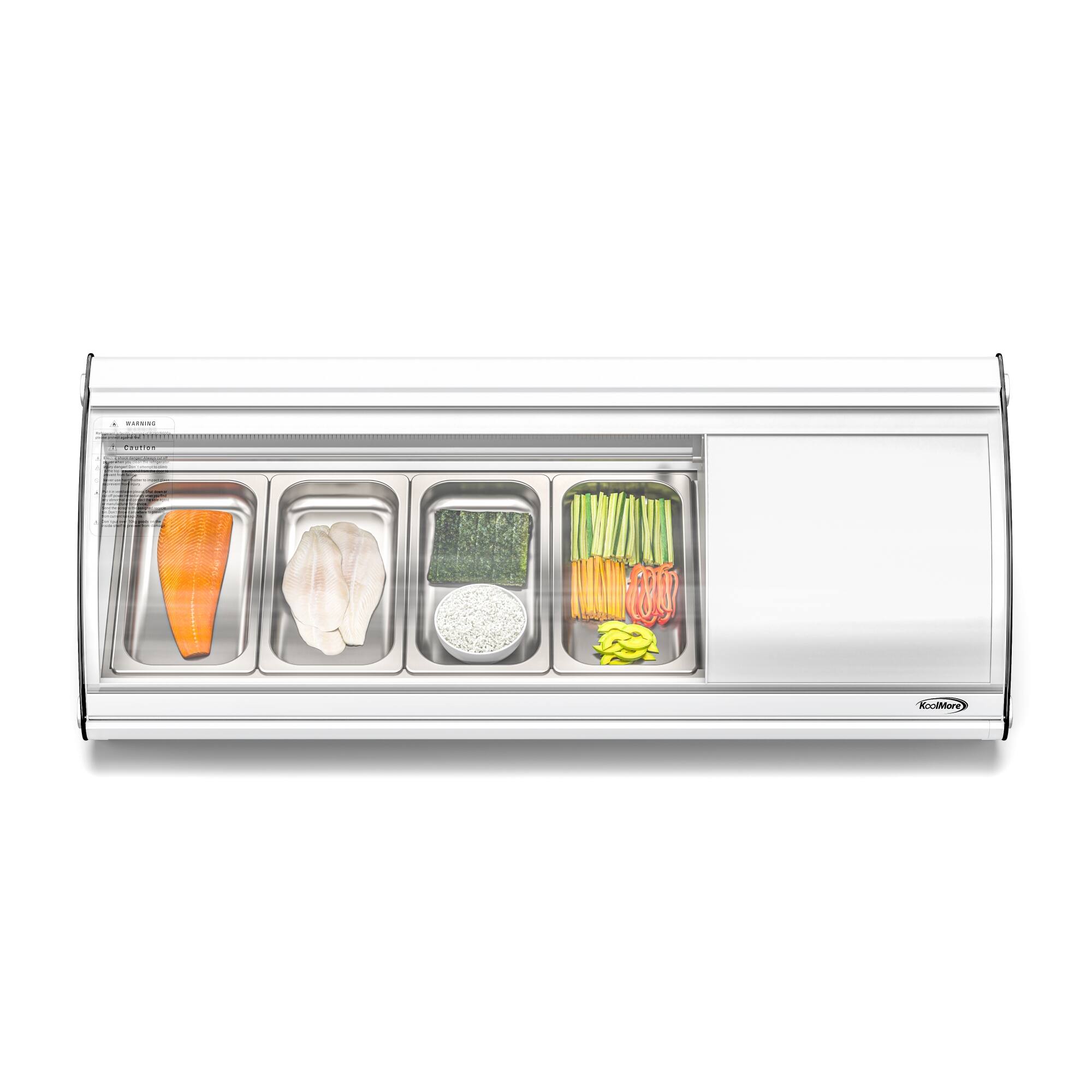 The image shows a white tray with a variety of food items, including carrots, broccoli, and other vegetables. The tray is divided into four compartments, each containing different food items. The carrots are placed in the top left compartment, while the broccoli is in the top right compartment. The other compartments contain various other food items, making it a diverse and healthy meal.
