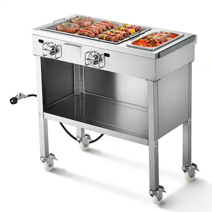Front. VEVOR - Outdoor Propane Griddle, 2 Burners (11,600 BTU Each), Commercial Stainless Steel Gas Griddle Cart - Stainless steel color.