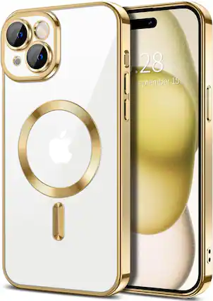 Front. Entronix - Entronix Magnetic Case for iPhone 15 Plus - Clear Luxury Glossy Cover - Gold.
