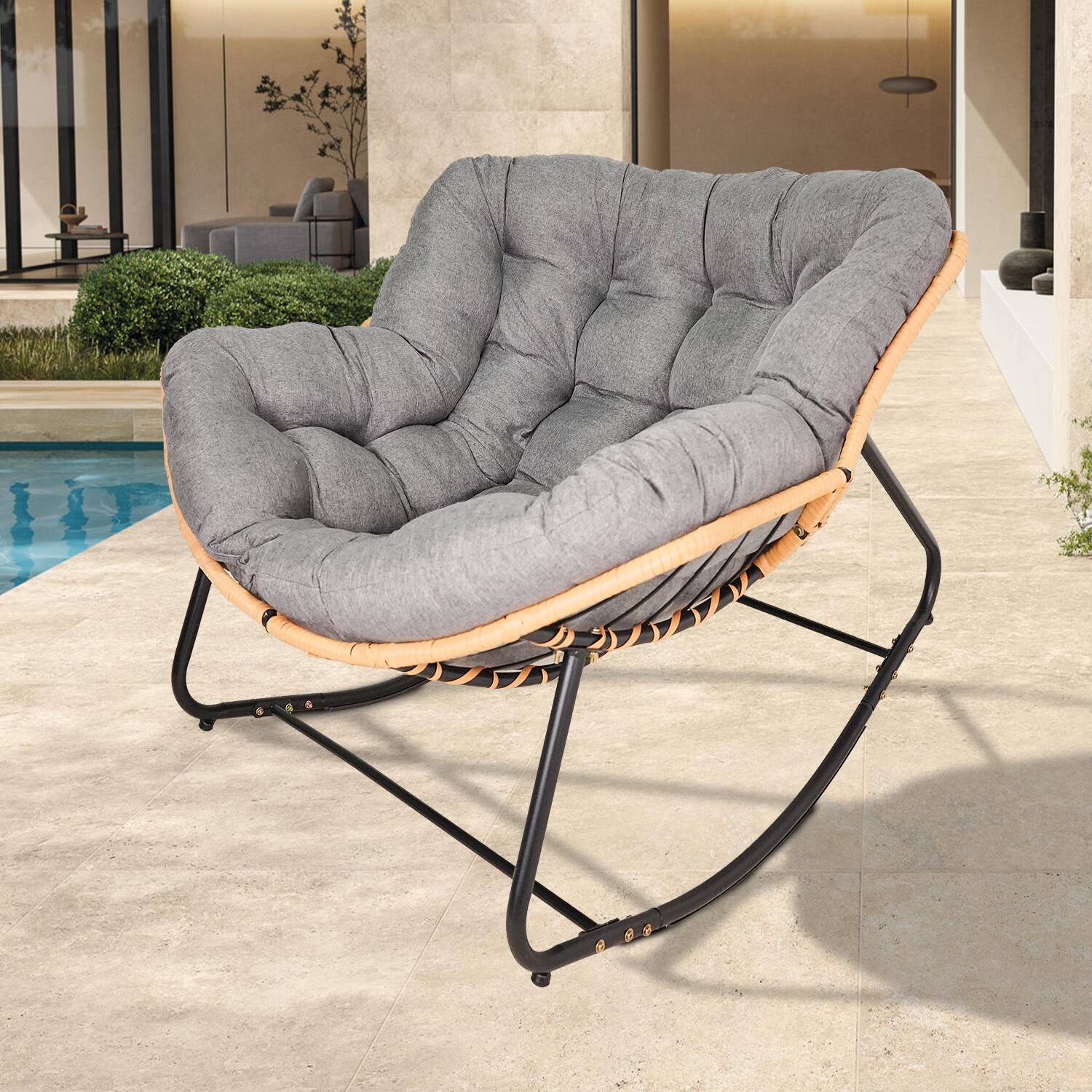 Alt View 4. Trinkets Crazed - Larger Outdoor Rocking Chair, Patio Egg Rocking Chair, Indoor Papasan Chair, Rattan Wicker Lounge Chair - Dark Gray.