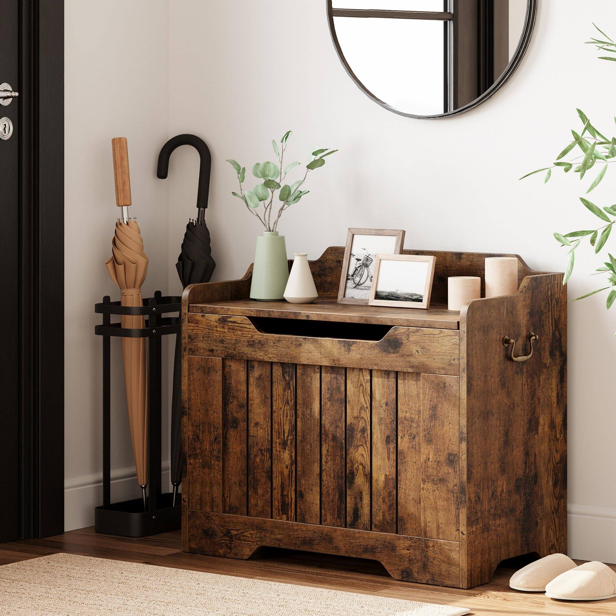 Angle. Jojoka - Wooden Storage Bench with Safety Hinge, Flip Top Blanket Chest Trunks, Supports 350 Lb, for Entryway - Brown.