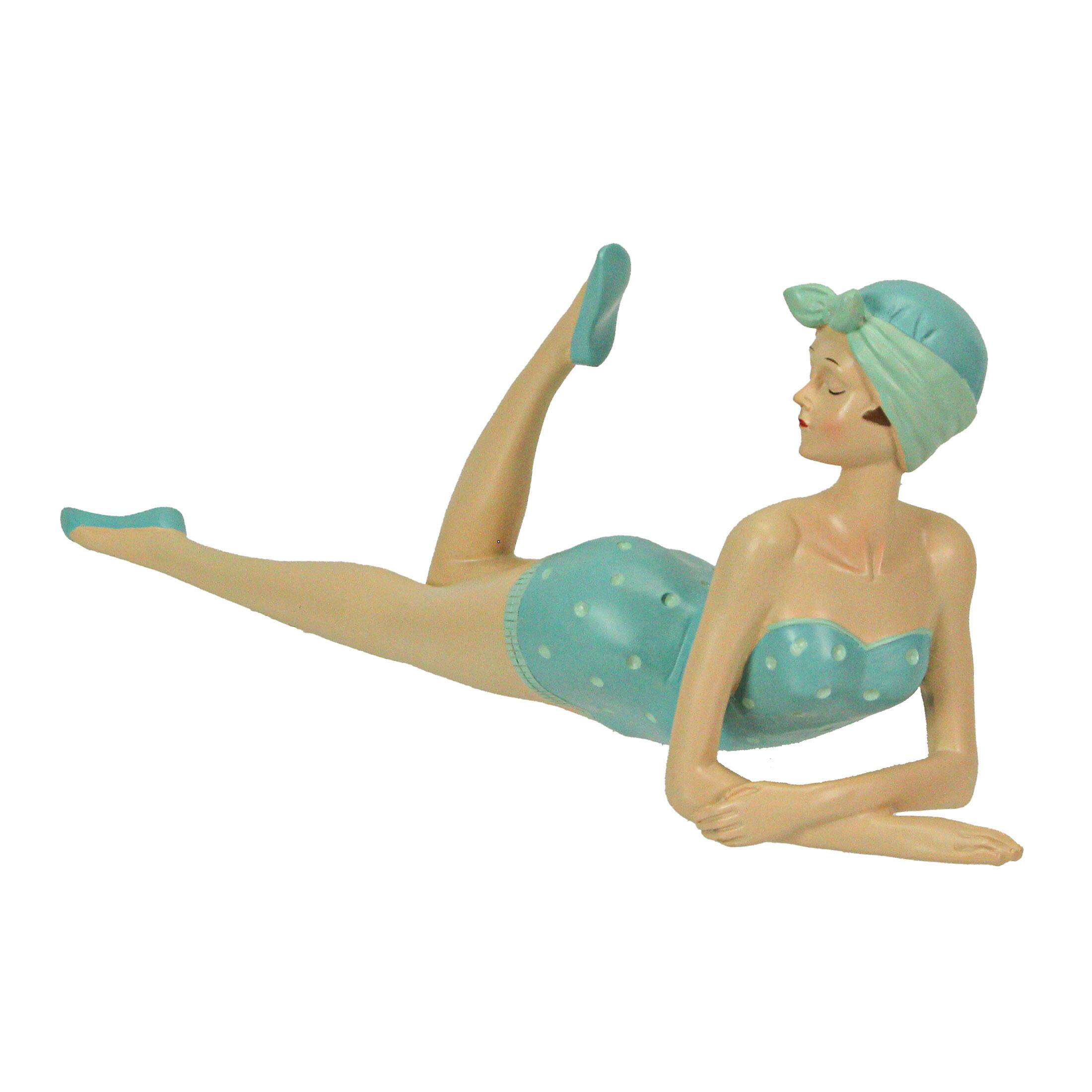 Alt View 1. Fancy That - Retro Bathing Beauty Beach Girl Posing In Sage Green Polka Dot Swimsuit Figurine - Aqua.