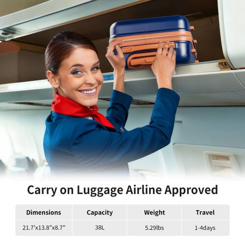 Carry on Luggage Airline Approved

Dimensions: 21.7" x 13.8" x 8.7"
Capacity: 38L
Weight: 5.29lbs
Travel: 1-4 days