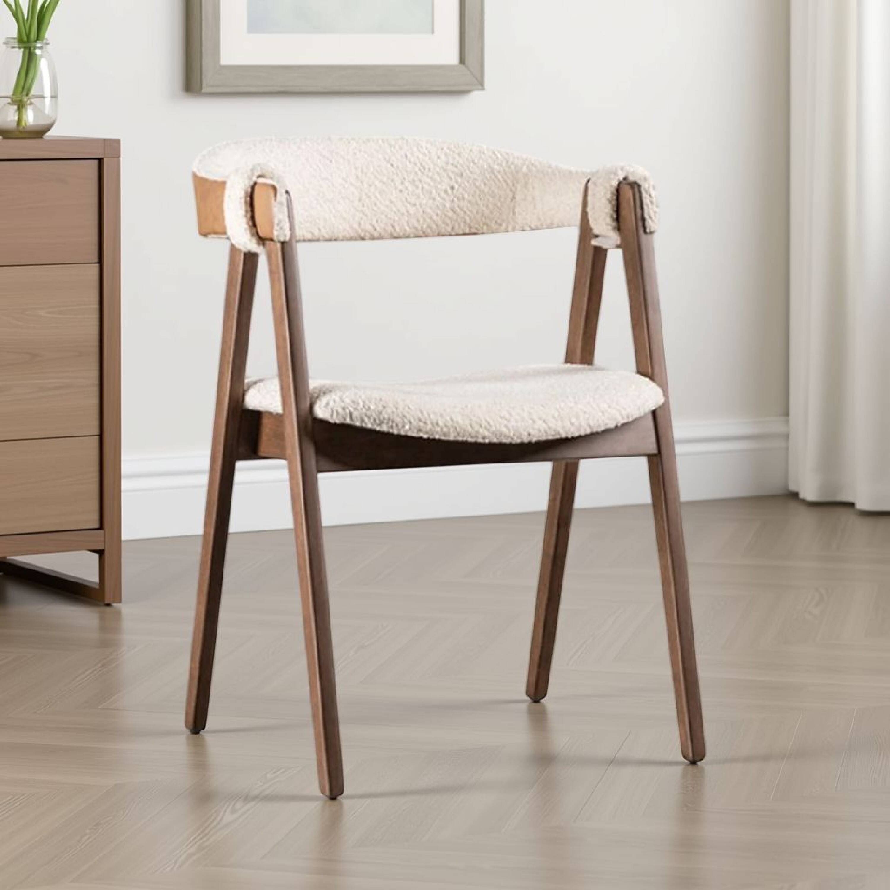 Alt View 5. Manhattan Lane - Ebik Side Dining Chair Set of 2, Curve Panel Back, Walnut Brown Wood, Beige Boucle - Walnut Brown, Beige.