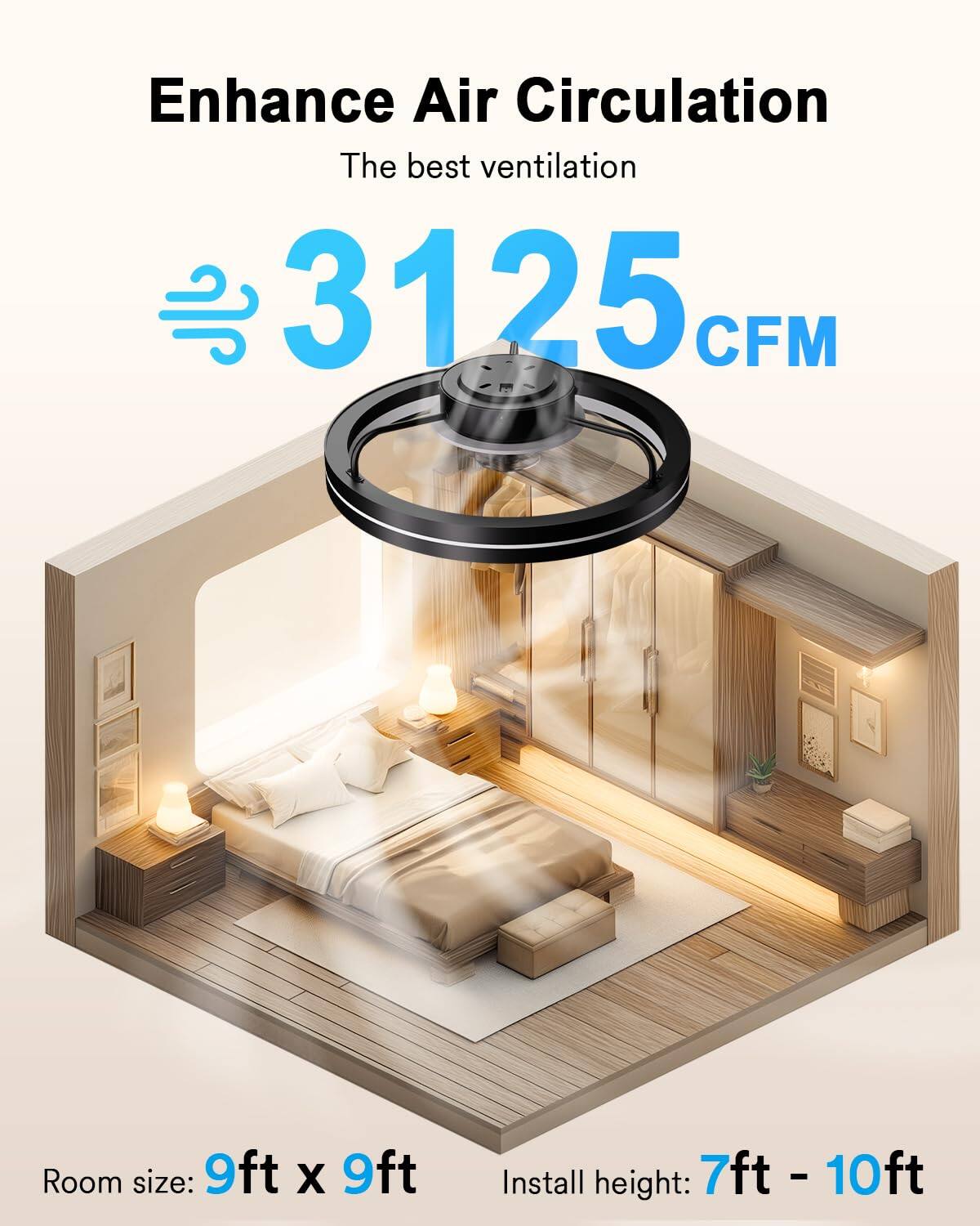 Enhance Air Circulation  
The best ventilation  
3125 CFM  
Room size: 9ft x 9ft  
Install height: 7ft - 10ft