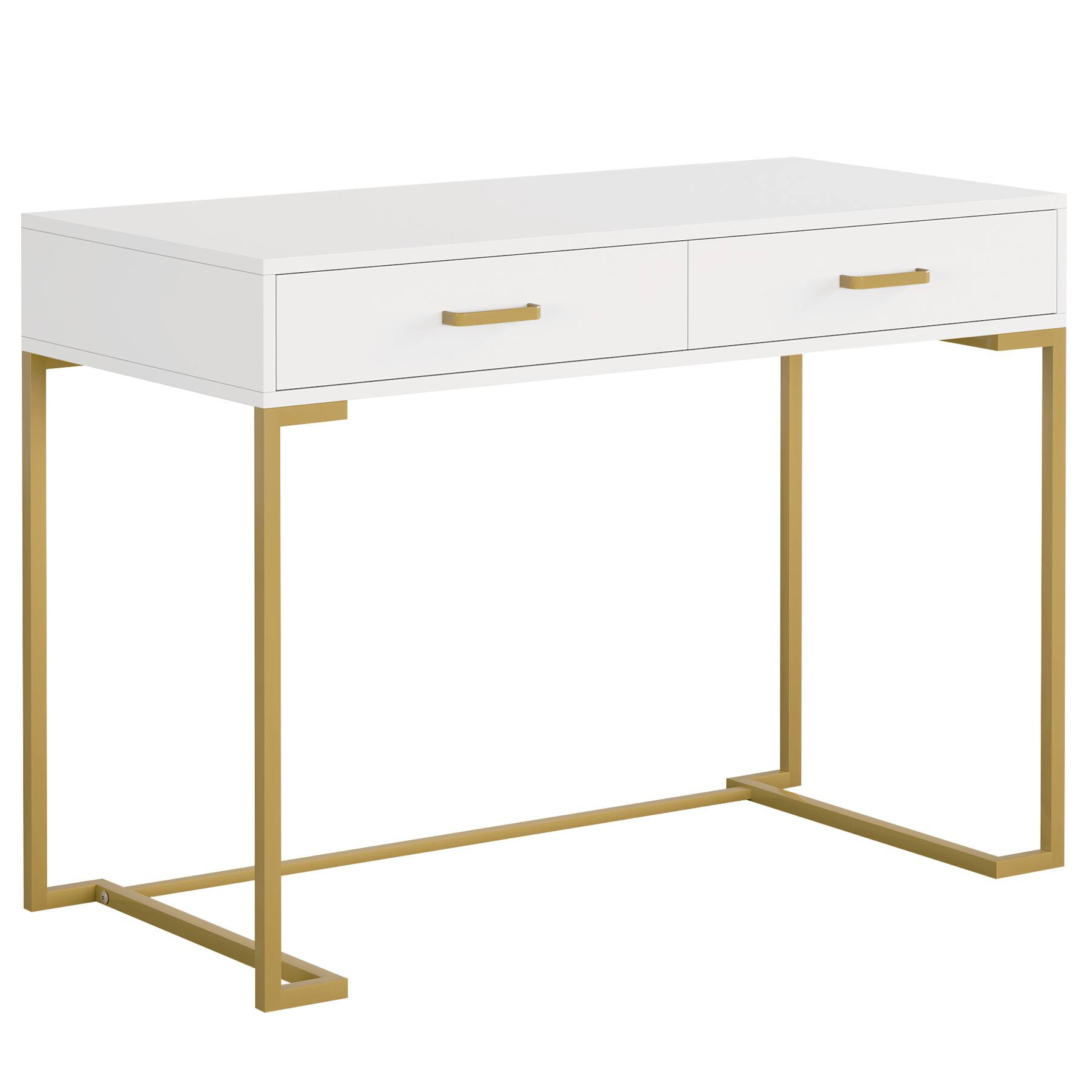 Left. APRILSOUL - 40in White and Gold Computer Desk with 2 Drawers Modern Office Desk Compact Writing Table Metal Frame Minimalist Style - White+Gold.