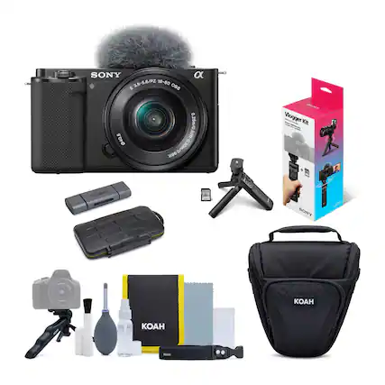 The image features a Sony camera and various accessories, including a Koah bag. The camera is placed in the upper left section of the image, while the Koah bag is located in the lower right section. The accessories are spread out throughout the image, with some items placed near the camera and others near the Koah bag. The overall scene showcases a range of items that can be used with the Sony camera to enhance its functionality and usability.