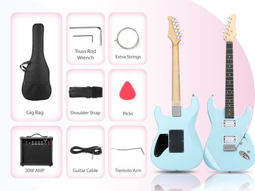 Truss Rod Wrench  
Extra Strings  
Gig Bag  
Shoulder Strap  
Picks  
20W AMP  
Guitar Cable  
Tremolo Arm