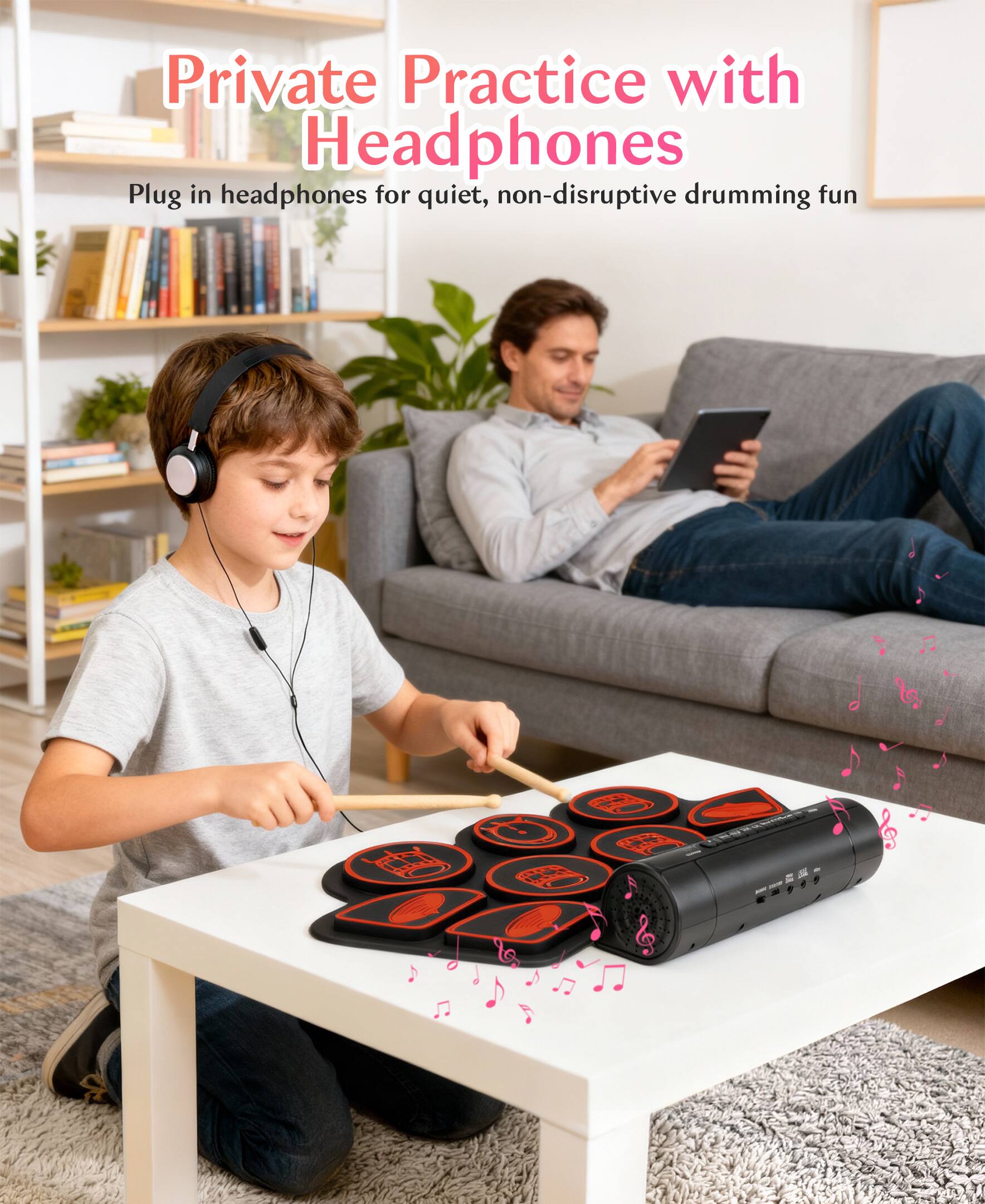 Angle. Sugift - Kids Roll-Up Electronic Drum Set with Speakers, Headphone Jack & Foot Pedals - Green - Red.