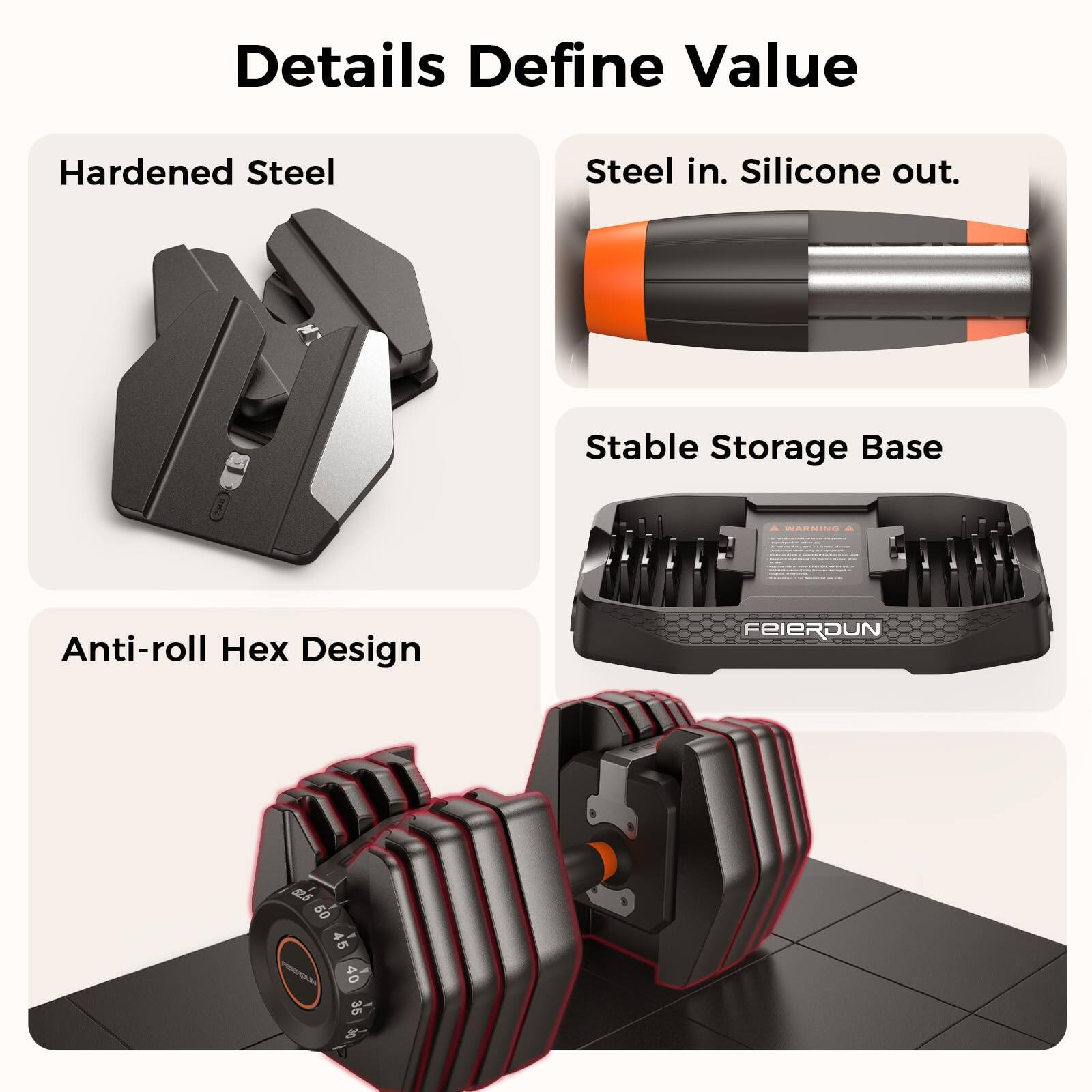 Details Define Value  
Hardened Steel  
Steel in. Silicone out.  
Stable Storage Base  
Anti-roll Hex Design  
FEIERDUN