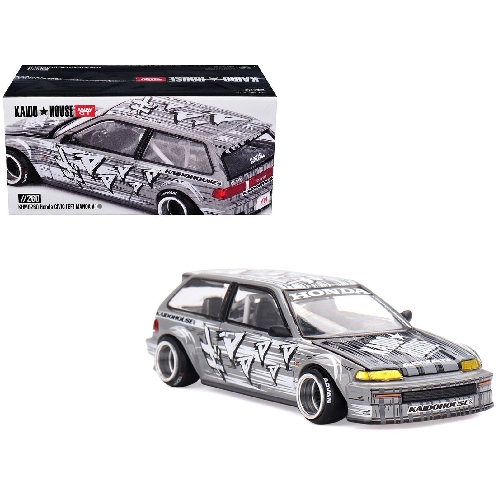 True Scale Miniatures - Honda Civic (EF) "Manga V1" Gray Metallic with Graphics "Kaido House" Special 1/64 Diecast Model Car by Mini GT
