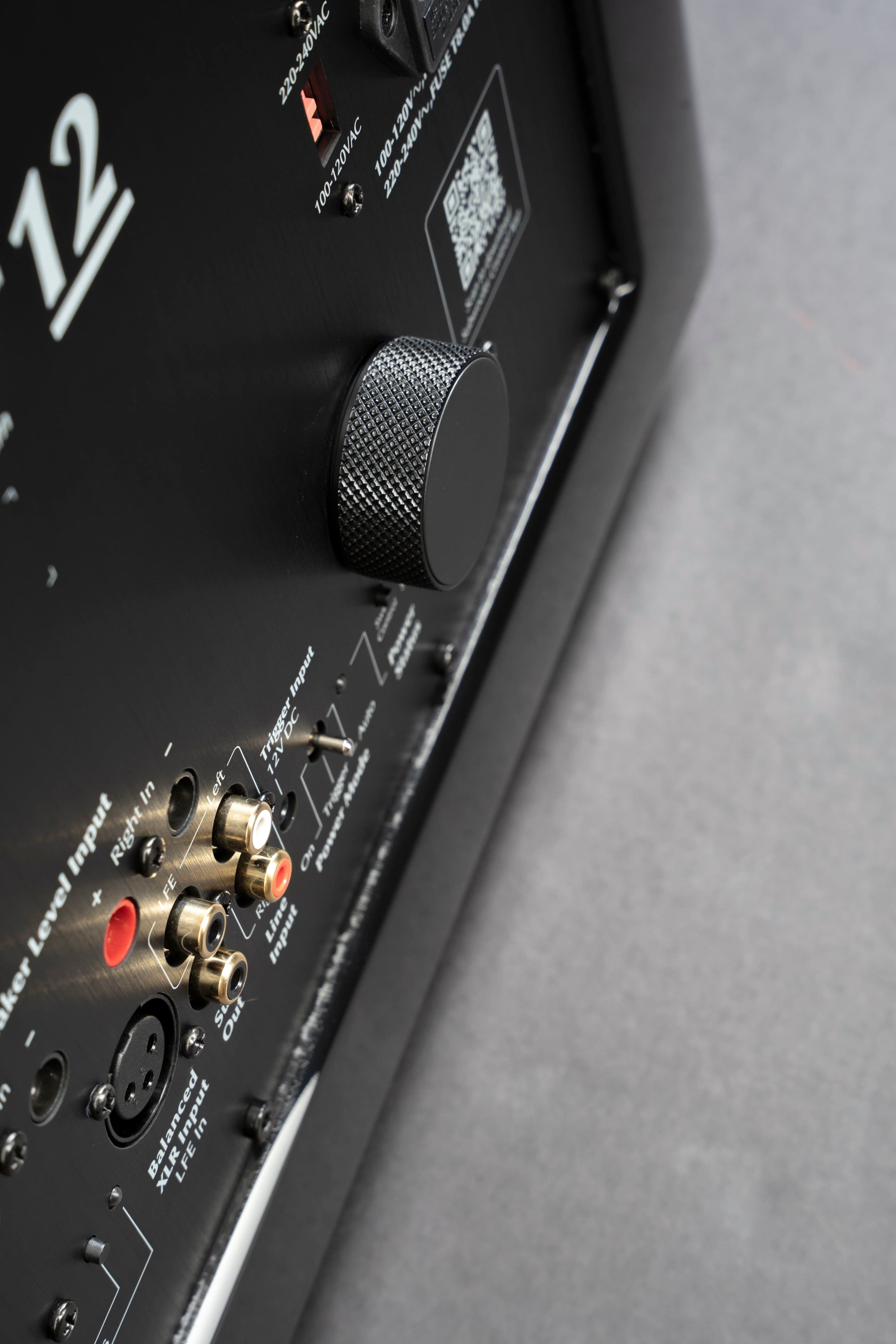 The text on the image reads: "T 220-240VAC B.04 FUSE 100-120VAC 100 100- 220-240VFUSE 12 Input Trigger DC Auto 12 In Left Trigger Mode Input Right On Power + FE Level RI Input Balanced XLR LFE In In & A Out Input."