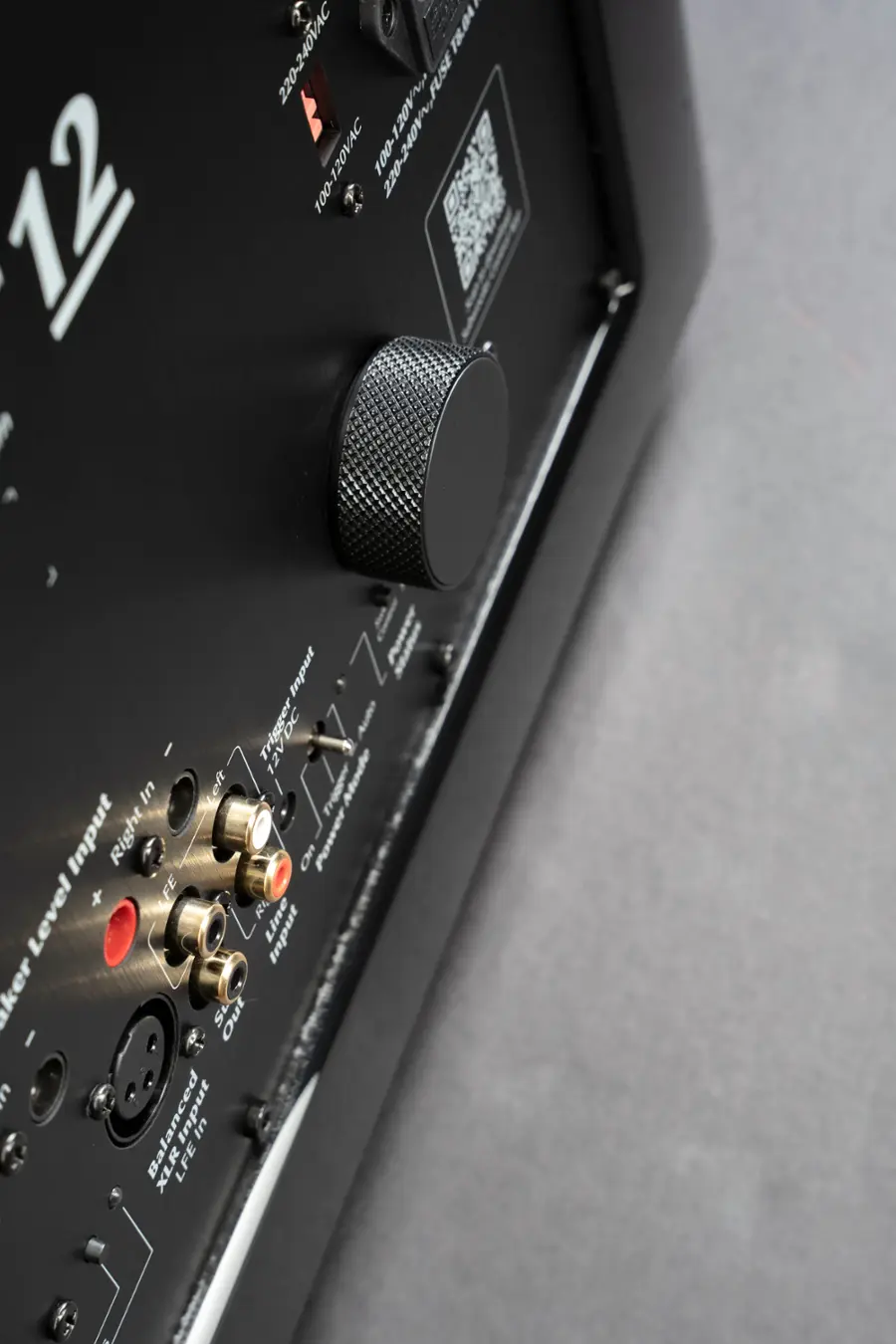 The text on the image reads: "T 220-240VAC B.04 FUSE 100-120VAC 100 100- 220-240VFUSE 12 Input Trigger DC Auto 12 In Left Trigger Mode Input Right On Power + FE Level RI Input Balanced XLR LFE In In & A Out Input."