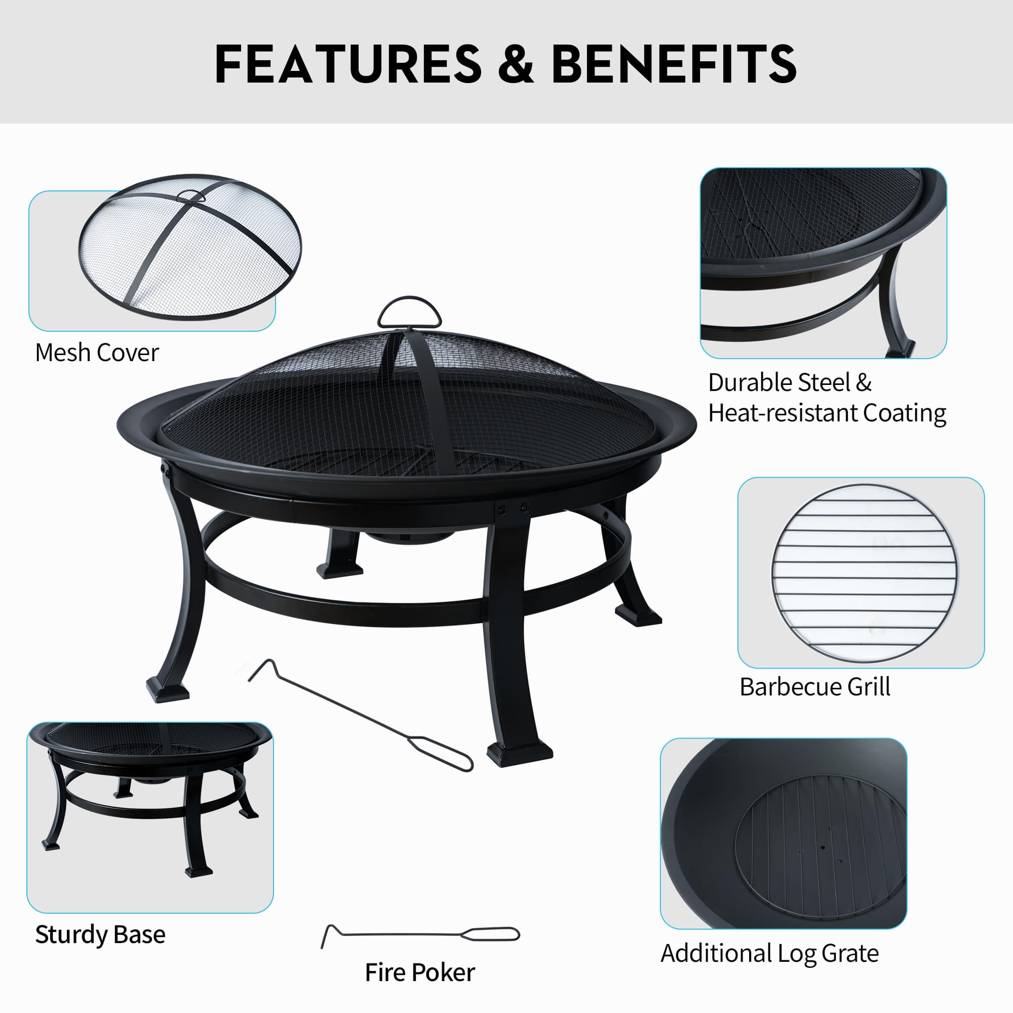 Features & Benefits:
* Mesh Cover: Protects the grill from insects and debris.
* Durable Steel & Heat-resistant Coating: Ensures the grill is sturdy and can withstand high temperatures.
* Barbecue Grill: Designed for cooking food outdoors.
* Sturdy Base: Provides stability and support for the grill.
* Fire Poker: Used for handling and turning food on the grill.
* Additional Log Grate: Extends the grill's cooking area and allows for more efficient use of firewood.