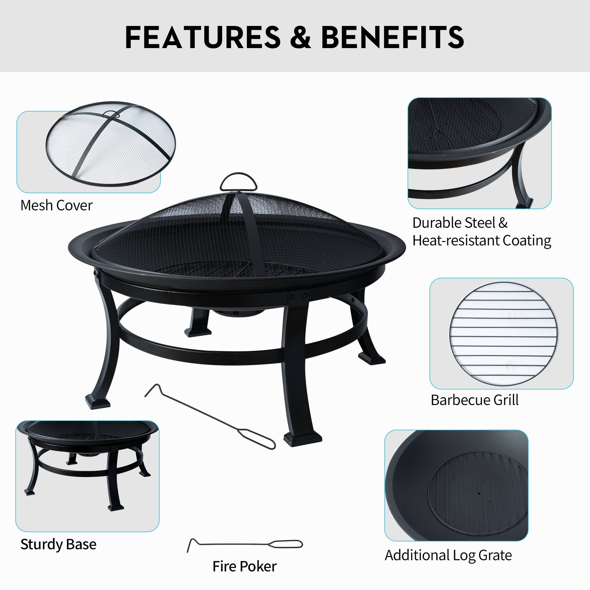 Features & Benefits:

* Mesh Cover: Protects the grill from insects and debris.
* Durable Steel & Heat-resistant Coating: Ensures the grill is sturdy and can withstand high temperatures.
* Barbecue Grill: Designed for cooking food outdoors.
* Sturdy Base: Provides stability and support for the grill.
* Fire Poker: Used for handling and turning food on the grill.
* Additional Log Grate: Extends the grill's cooking area and allows for more efficient use of firewood.
