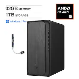HP - OmniDesk Desktop (AMD Ryzen 5 8500G, 32GB DDR5, 1TB PCIe SSD, AMD Radeon 740M, Win 11 Pro) w/USB Hub - Gray Wood