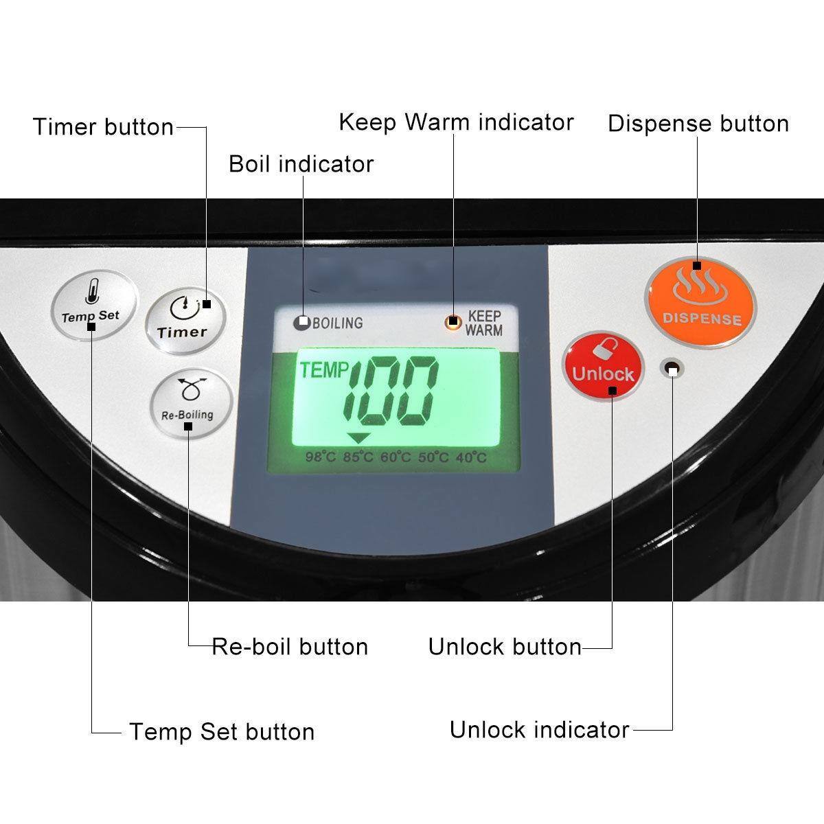 - Timer button
- Temp Set button
- Re-boil button
- Boil indicator
- Keep Warm indicator
- Dispense button
- Unlock button
- Unlock indicator
- Re-boil button
- Temp Set button
- Timer button
- Unlock button
- Unlock indicator
- Keep Warm indicator
- Dispense button