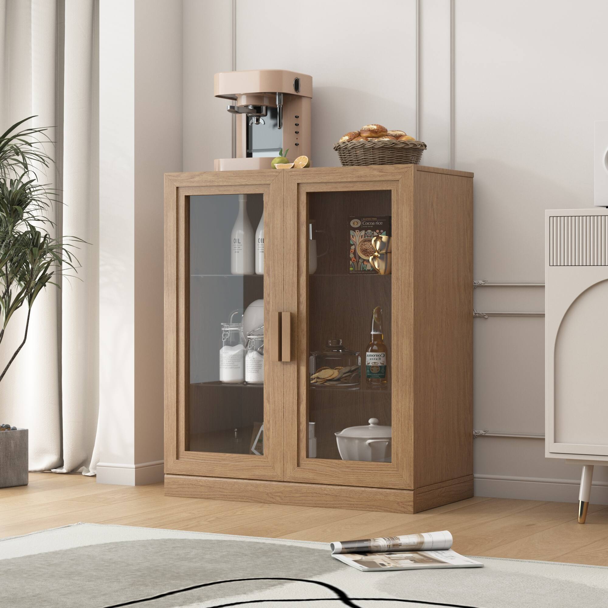 Alt View 1. PexFix - Farmhouse Buffet Sideboard, 36" Solid Wood Storage Cabinet with Scratch-Proof, Glass Doors and 2 Adjustable Shelves - Natural.