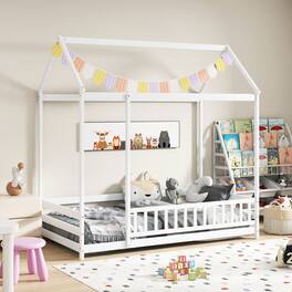 Gymax - Twin Size House Bed w/ Roof & Full-length Safety Guardrail Playhouse Bed Frame - White