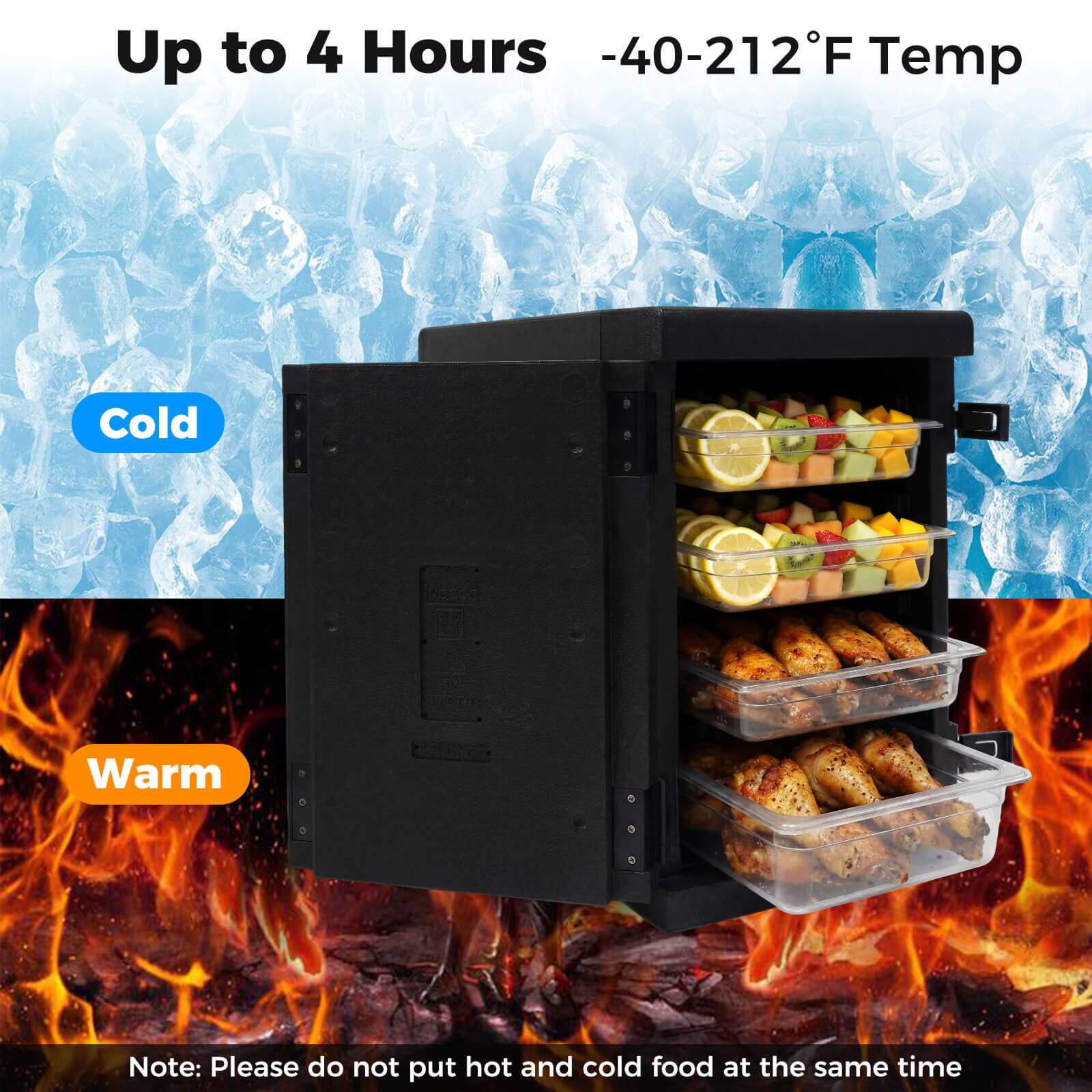 Up to 4 Hours  
-40-212°F Temp  

Cold  
Warm  

Note: Please do not put hot and cold food at the same time