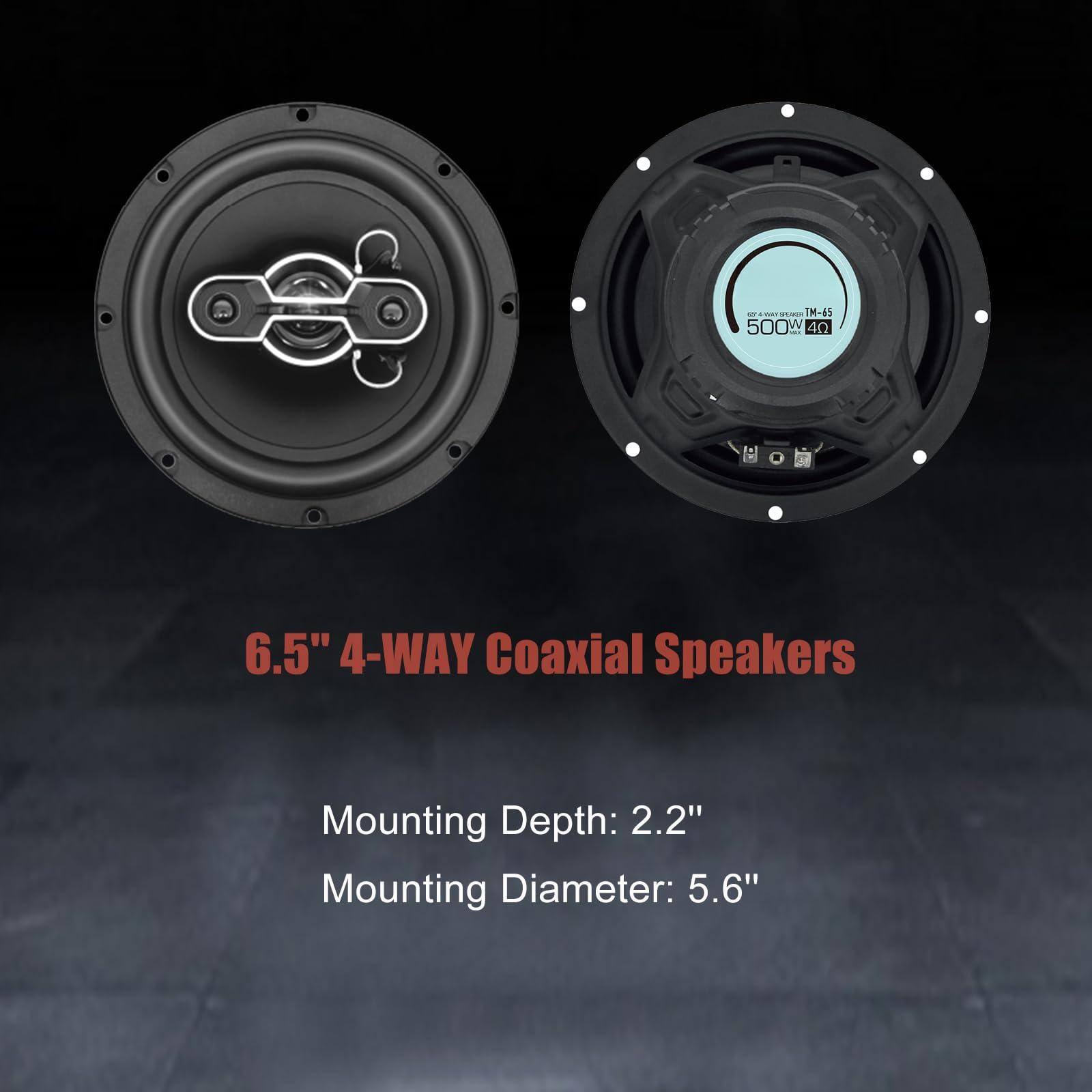 - F- TM-45 500 W 40 6.5" 4-WAY Coaxial Speakers
- Mounting Depth: 2.2"
- Mounting Diameter: 5.6"