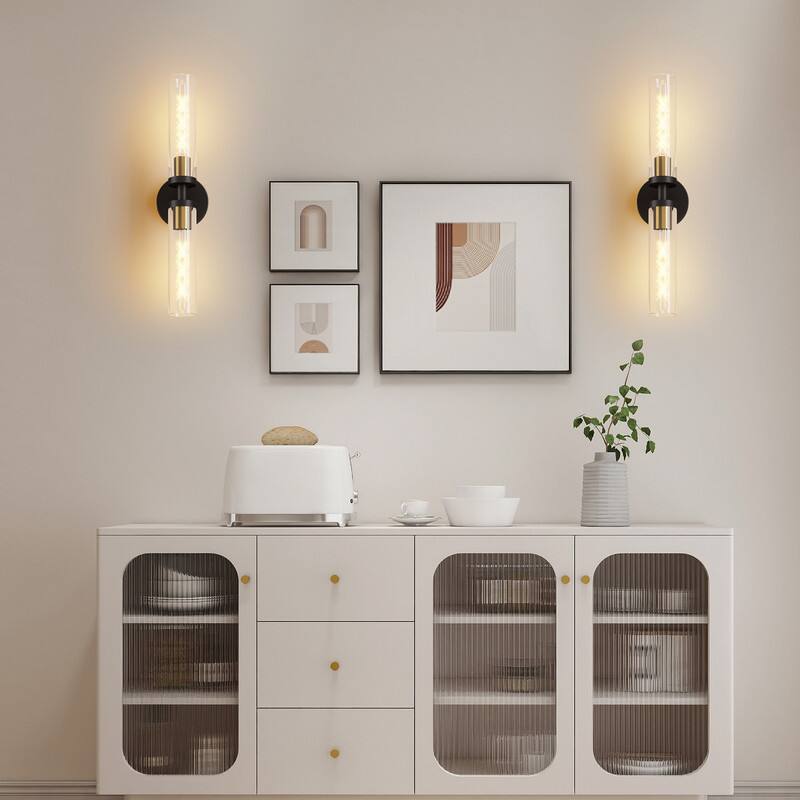 Left. Adewalk - 22" Black Hardwired 2‑Pack Wall Sconces, Clear Glass Shade Modern Lights for Bathroom, Bedroom, Hallway & Living Room - Black.