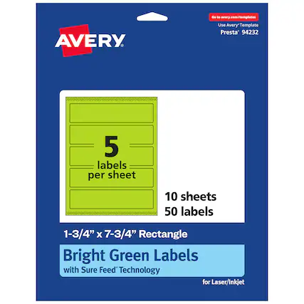Go to avery.com/templates
AVERY
Use Avery Template Presta® 94232
5 labels per sheet
10 sheets 50 labels
1-3/4" x 7-3/4" Rectangle
Bright Green Labels with Sure Feed® Technology for Laser/Inkjet