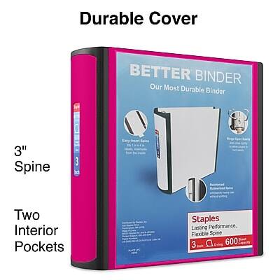 Durable Cover  
BETTER BINDER  
Our Most Durable Binder  

3" Spine  

Two Interior Pockets  

Staples  
Lasting Performance, Flexible Spine  

3"  
600 Sheets