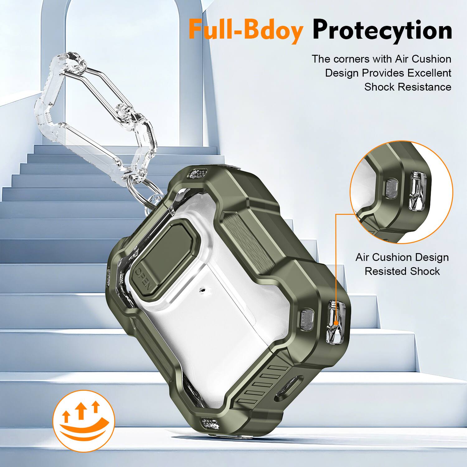 Full-Body Protection  
The corners with Air Cushion Design Provides Excellent Shock Resistance  
OPEN Air Cushion Design Resisted Shock