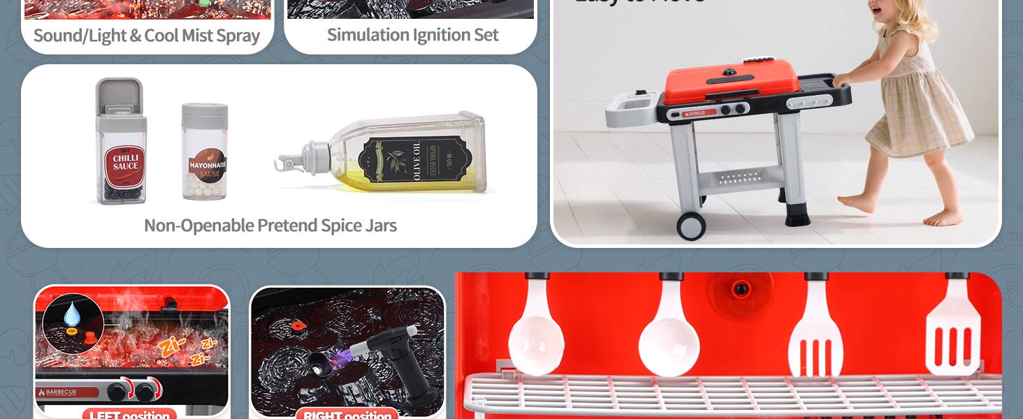 8  
Sound/Light & Cool Mist Spray  
Simulation Ignition Set  
HOT CHILLI SAUCE  
MAYONNAISE SAUCE  
OIL OLIVE  
EXTRA-VIRGIN  
10:00  
WINDOS  
Non-Openable Pretend Spice Jars  
BARBECUE  
LEFT position  
RIGHT position