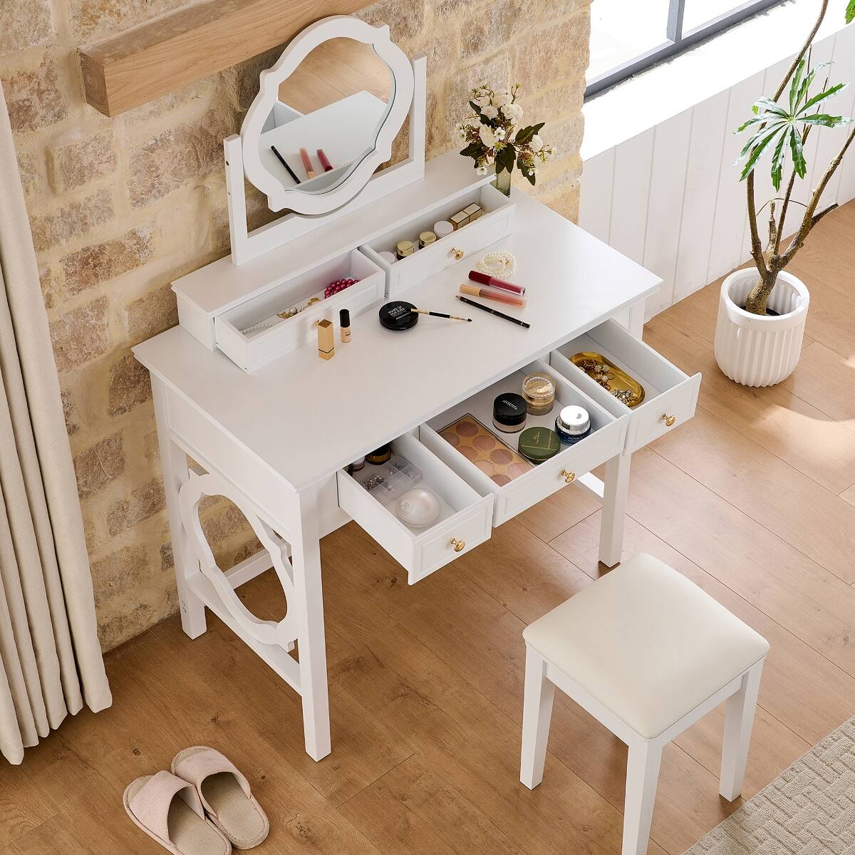Loheer - Compact Makeup Vanity Table with Stool, Reversible Mirror - White