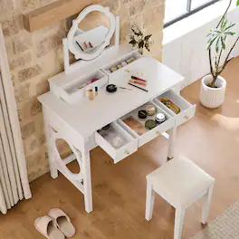 Loheer - Compact Makeup Vanity Table with Stool, Reversible Mirror - White