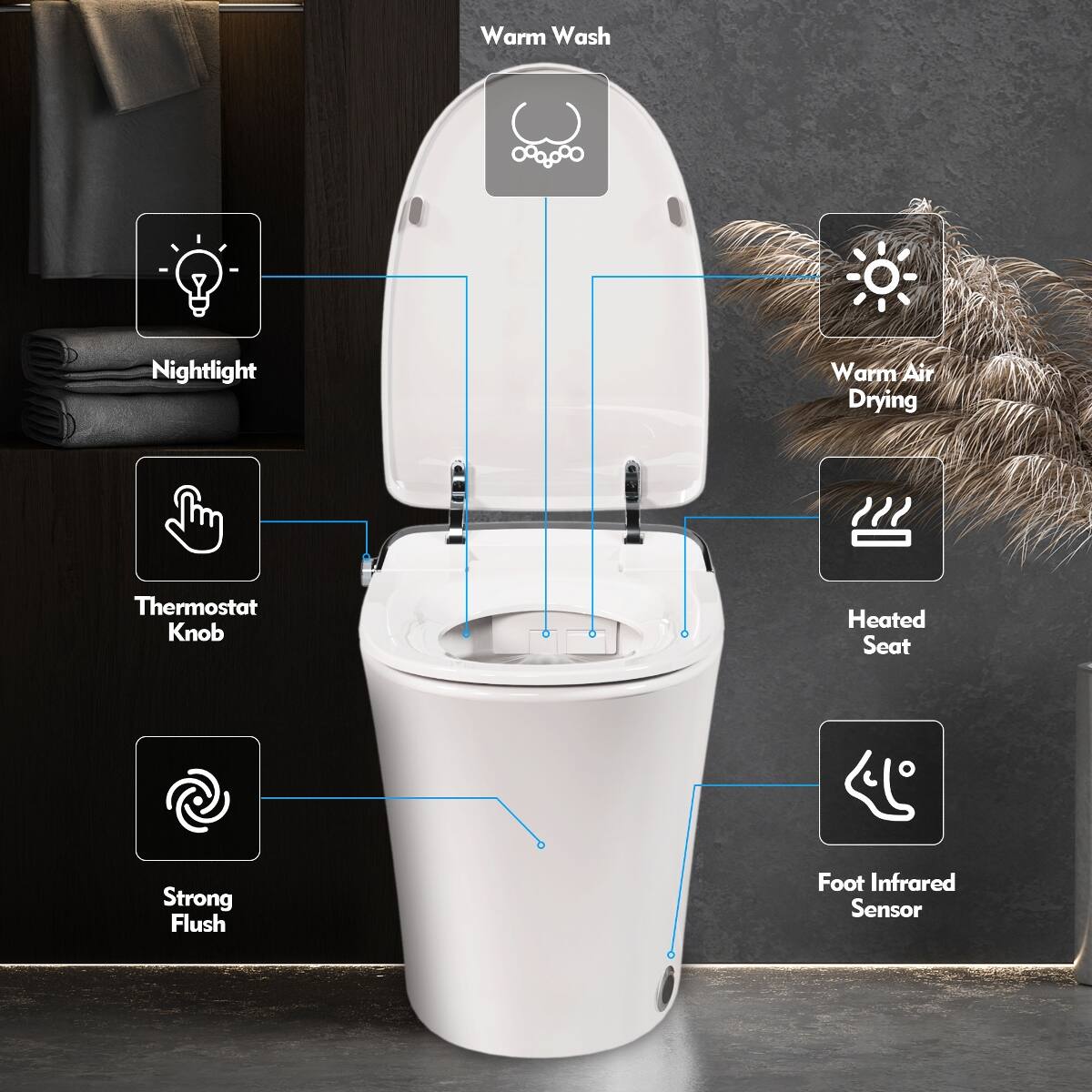 Warm Wash  
Nightlight  
Warm Air Drying  
Thermostat Knob  
Heated Seat  
Strong Flush  
Foot Infrared Sensor