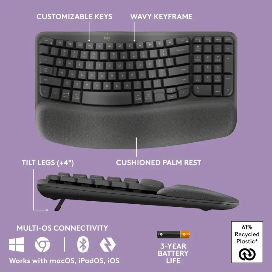 Logitech Wave Keys MK670 Combo Ergonomic Wireless Membrane Keyboard and ...