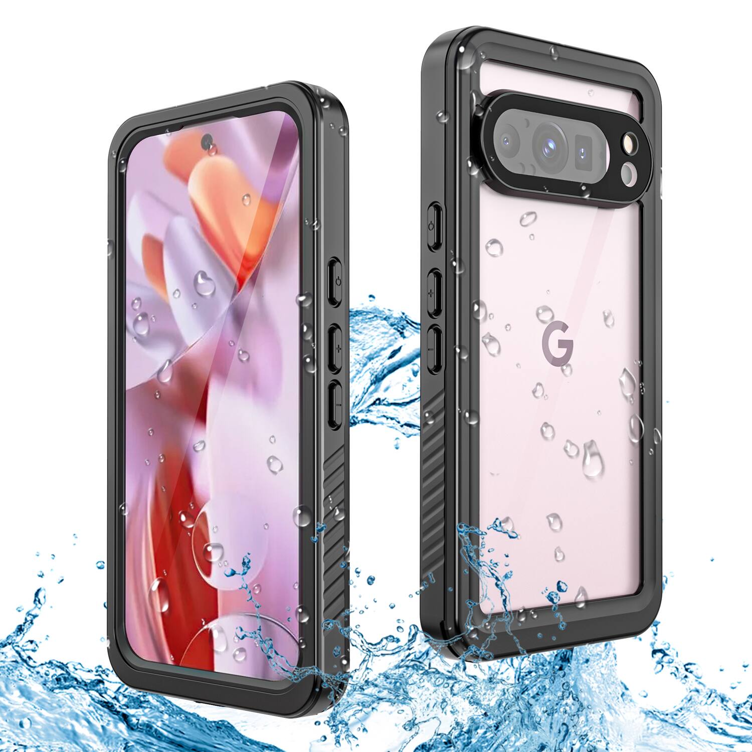 Front. Dteck - Waterproof Full Body Case for Google Pixel 9 Pro,Clear Back Shockproof Heavy Duty Cover with Built-in Screen Protector - Black.