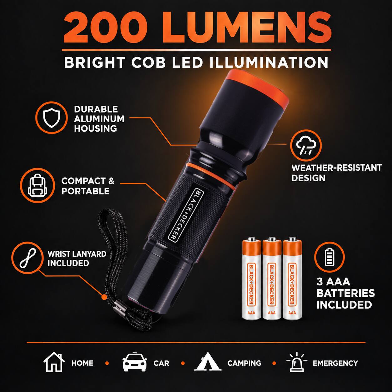 200 LUMENS BRIGHT COB LED ILLUMINATION

DURABLE ALUMINUM HOUSING COMPACT & PORTABLE WRIST LANYARD INCLUDED

BLACK+DECKER

WEATHER-RESISTANT DESIGN

3 AAA BATTERIES INCLUDED

HOME
CAR
CAMPING
EMERGENCY