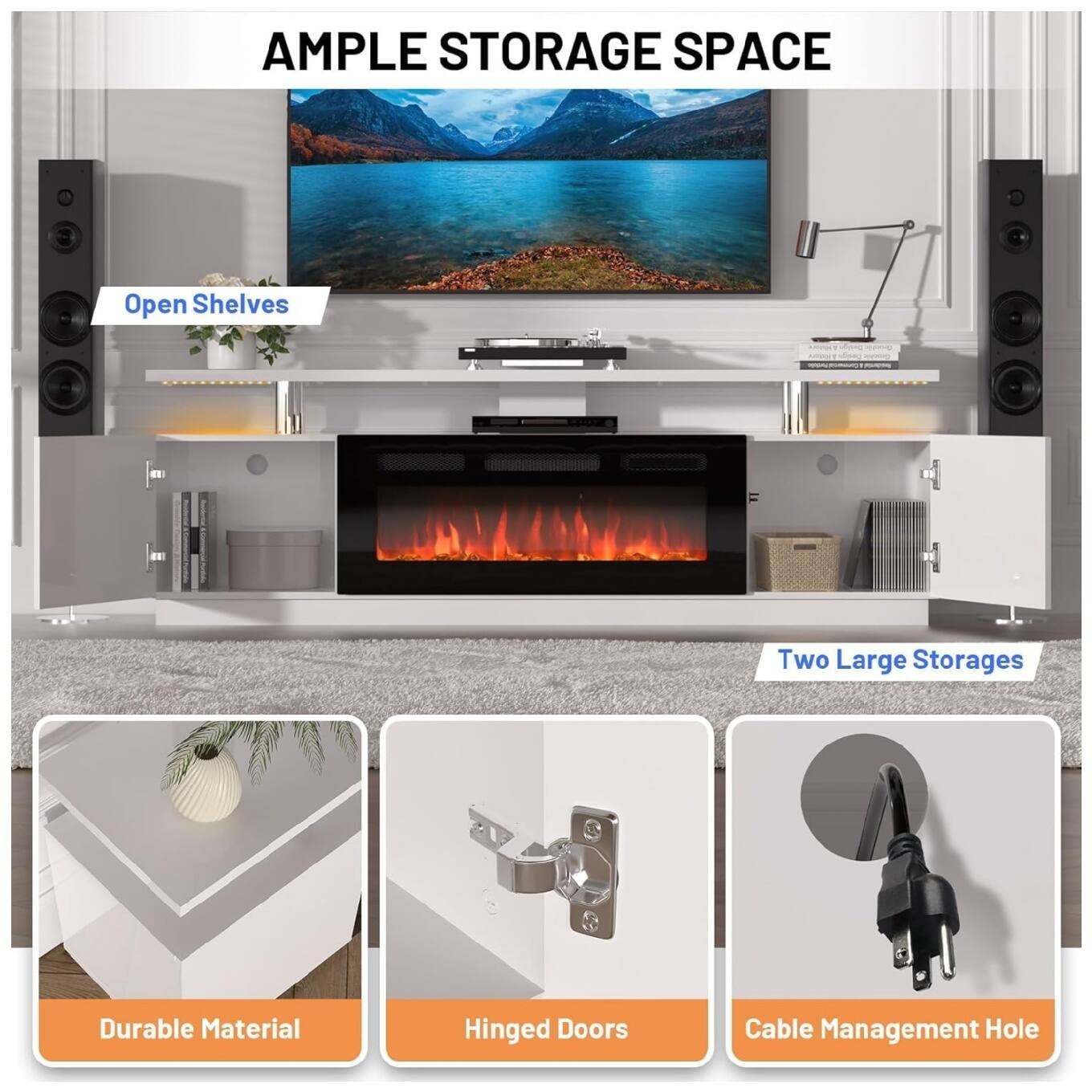 - AMPLE STORAGE SPACE
- Open Shelves
- Two Large Storages
- Durable Material
- Hinged Doors
- Cable Management Hole