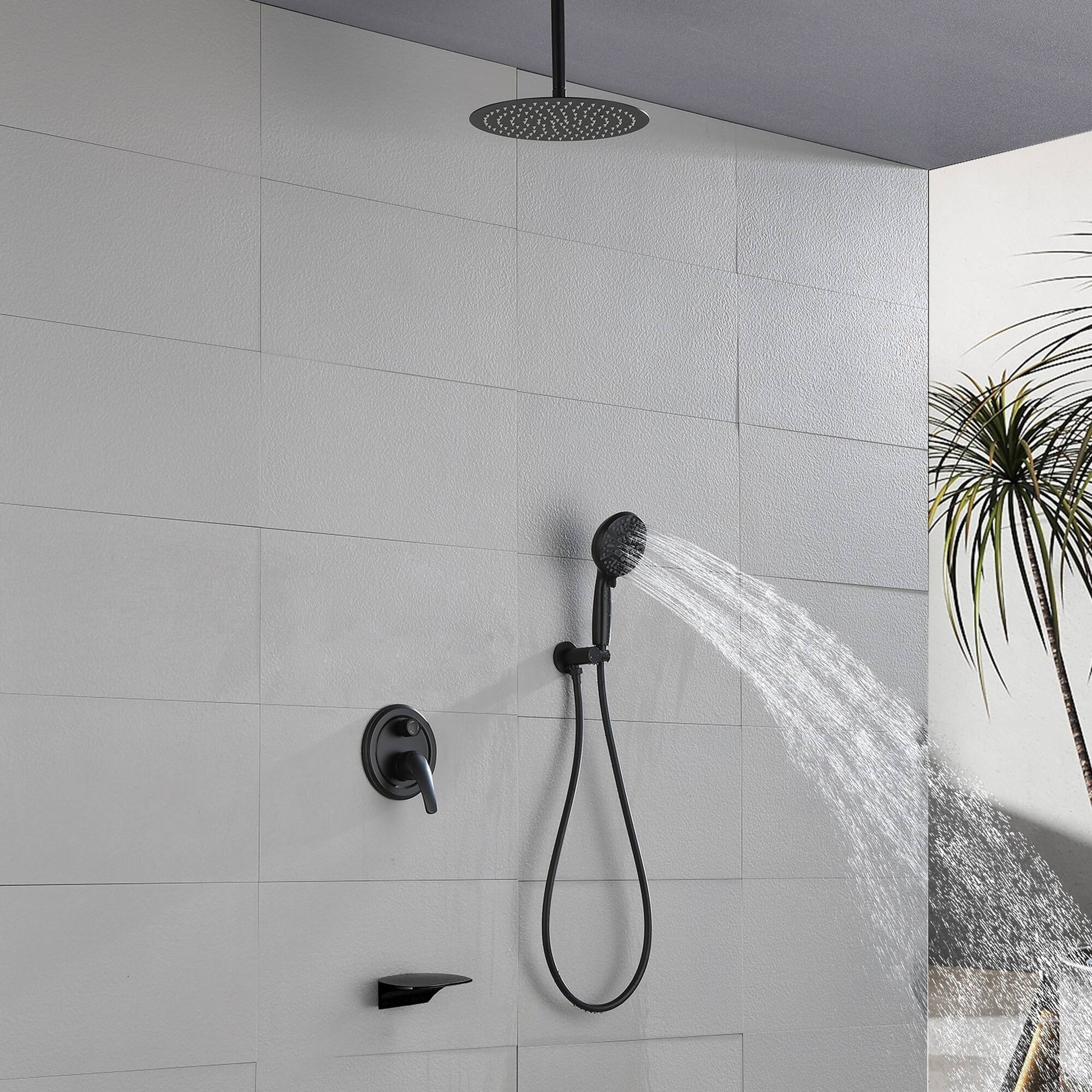 Alt View 2. Boyel Living - Matte Black 12-Inch Rain Shower System Brass SUS304 3-Function Valve 7-Function Handheld cUPC - Black.