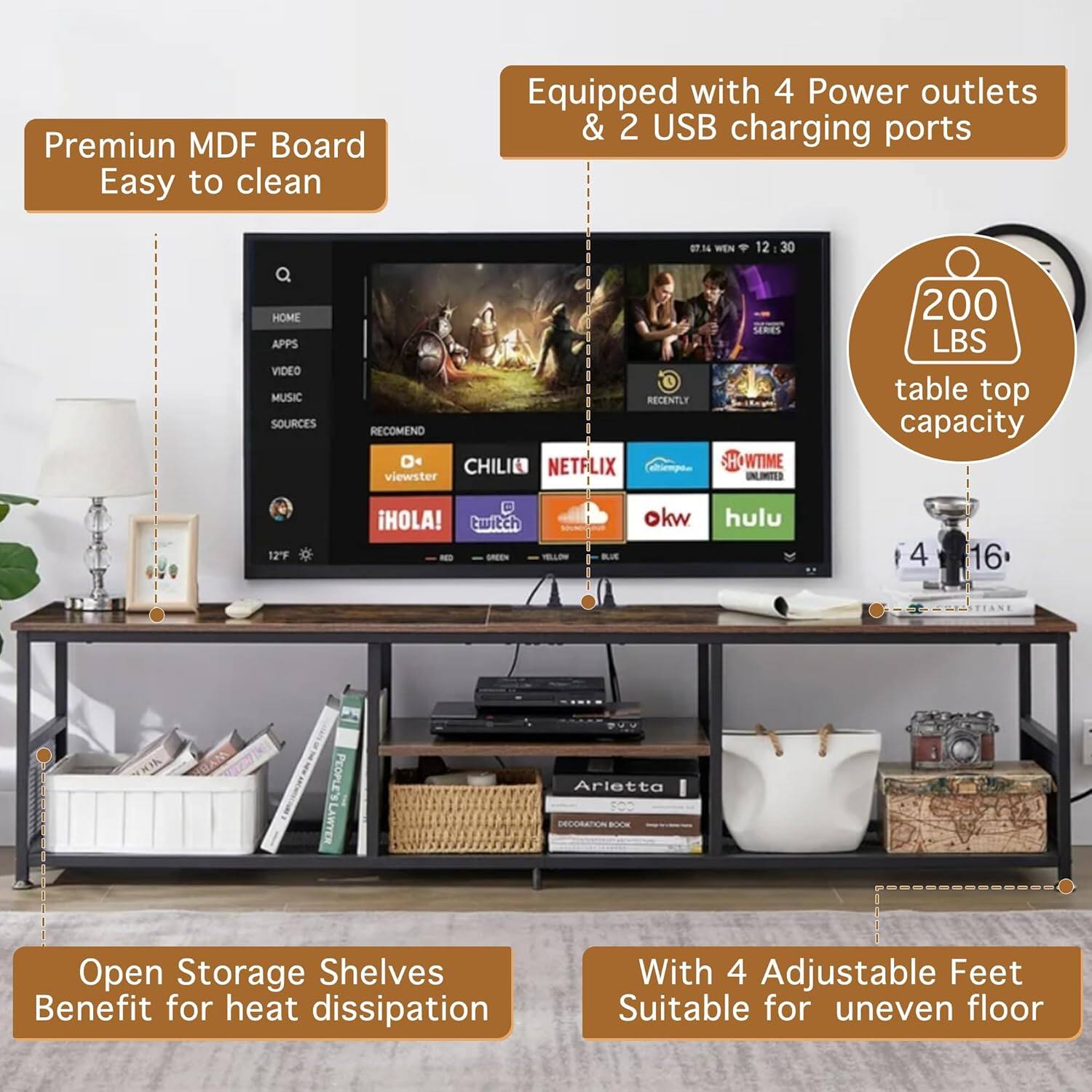 Premium MDF Board  
Easy to clean  

Equipped with 4 Power outlets & 2 USB charging ports  

200 LBS table top capacity  

Open Storage Shelves  
Benefit for heat dissipation  

With 4 Adjustable Feet  
Suitable for uneven floor